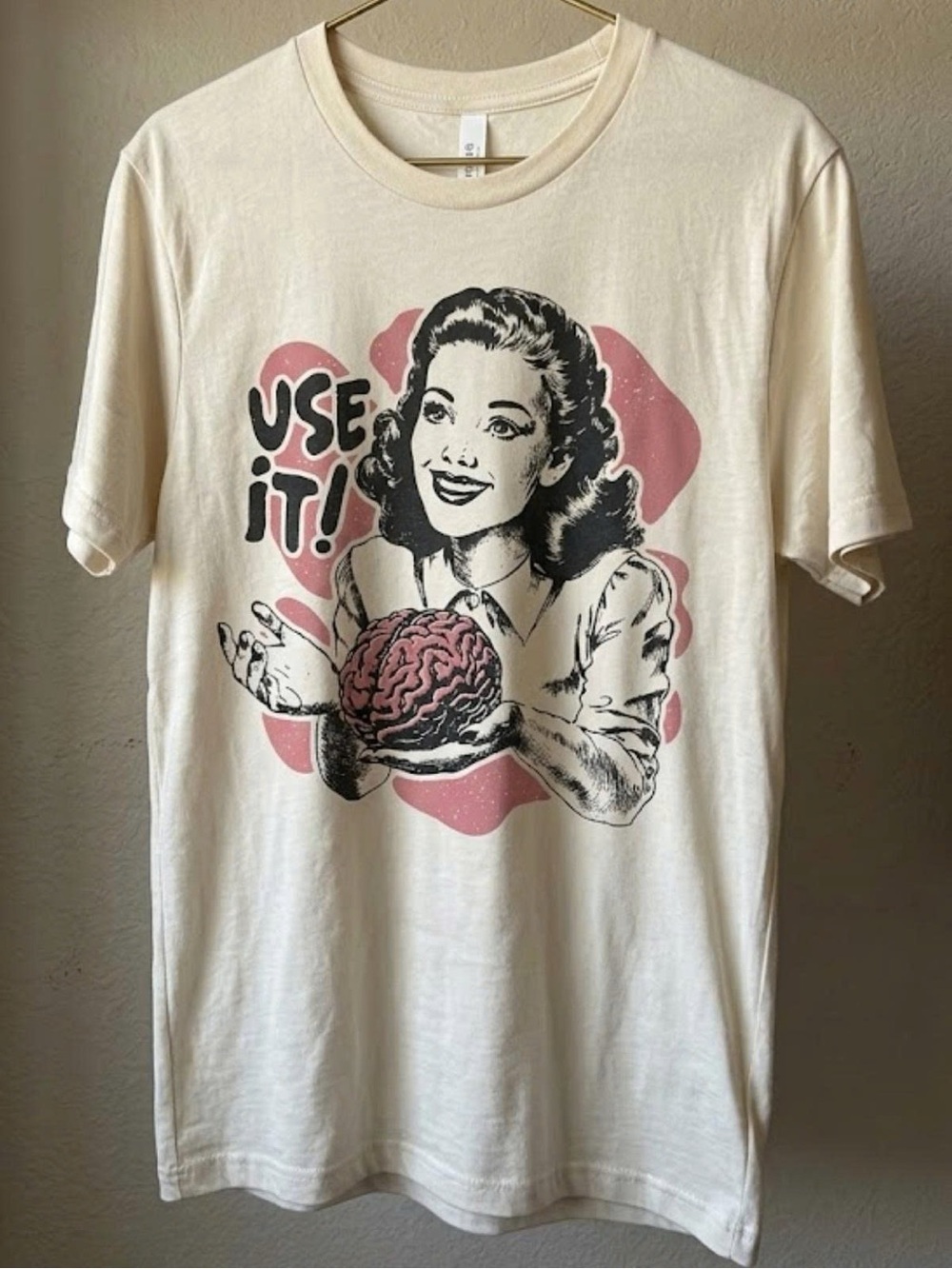 Gildan Cream Graphic Tee with Pink and Black Retro Print | Unisex Tee